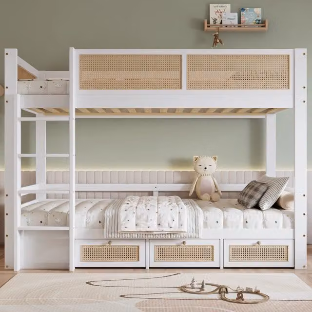 Letto a castello per bambini WISHDOR in legno di pino bianco con 3 cassetti e scala a 4 gradini L/P/H: 205 x 90 x 150 cm