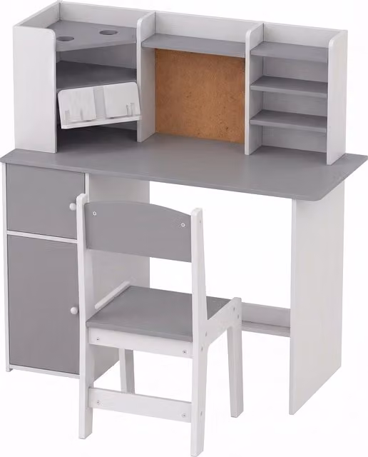 Set Scrivania e Sedia per Bambini AIYAPLAY con Portapenne, Supporto Tablet, Armadietti e Bacheca, Grigio