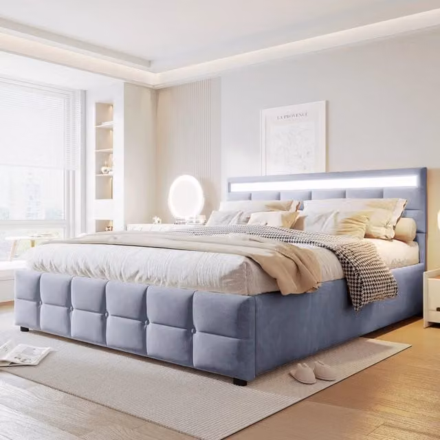 Letto matrimoniale 180 × 200 cm con vano idraulico, luce LED e testiera imbottita, senza materasso, grigio