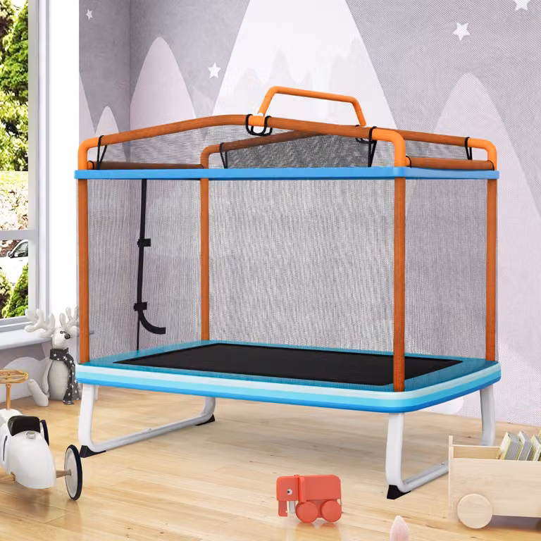Costway Trampolino per bambini con rete di protezione e altalena, Arancione, L/P/H: 124 x 124 x 222 cm