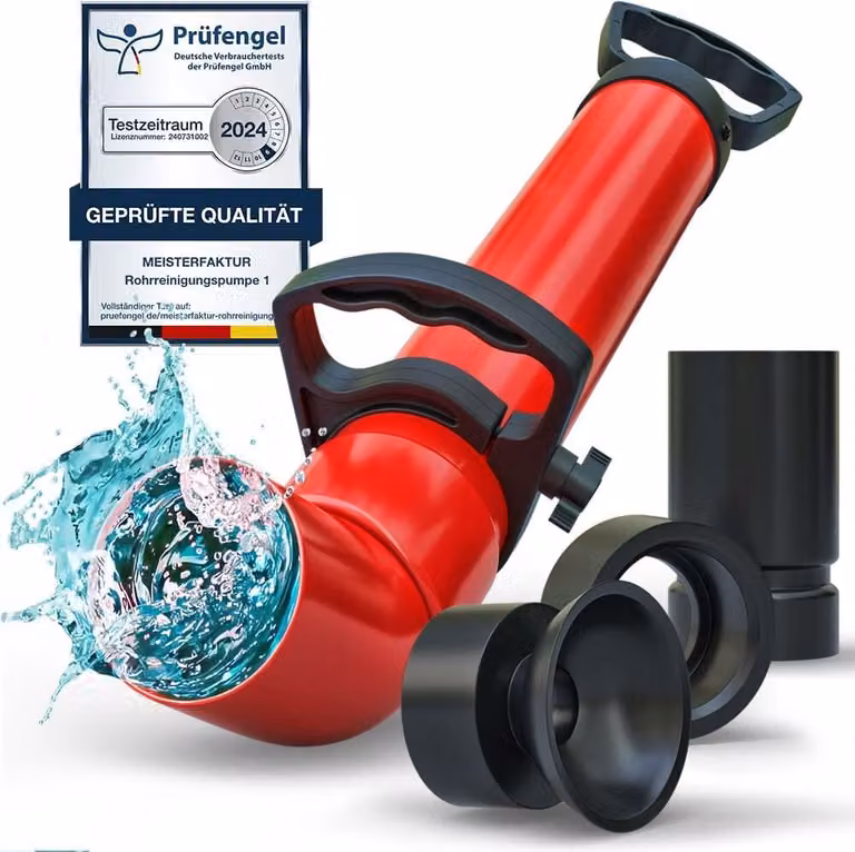 Pompa per la pulizia dei tubi con 3 accessori [2L] - Pompa di scarico per una pulizia efficace dei tubi - Idonea per la pulizia dei tubi ad aria compressa per cucina, bagno e toilette!