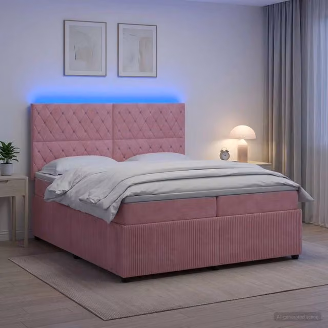 Letto Box Spring vidaXL in Velluto Rosa con Materasso Ibrido e Illuminazione LED sotto il letto, con Porte USB e Base a Sollevamento, L/P: 200 x 200 cm – 1