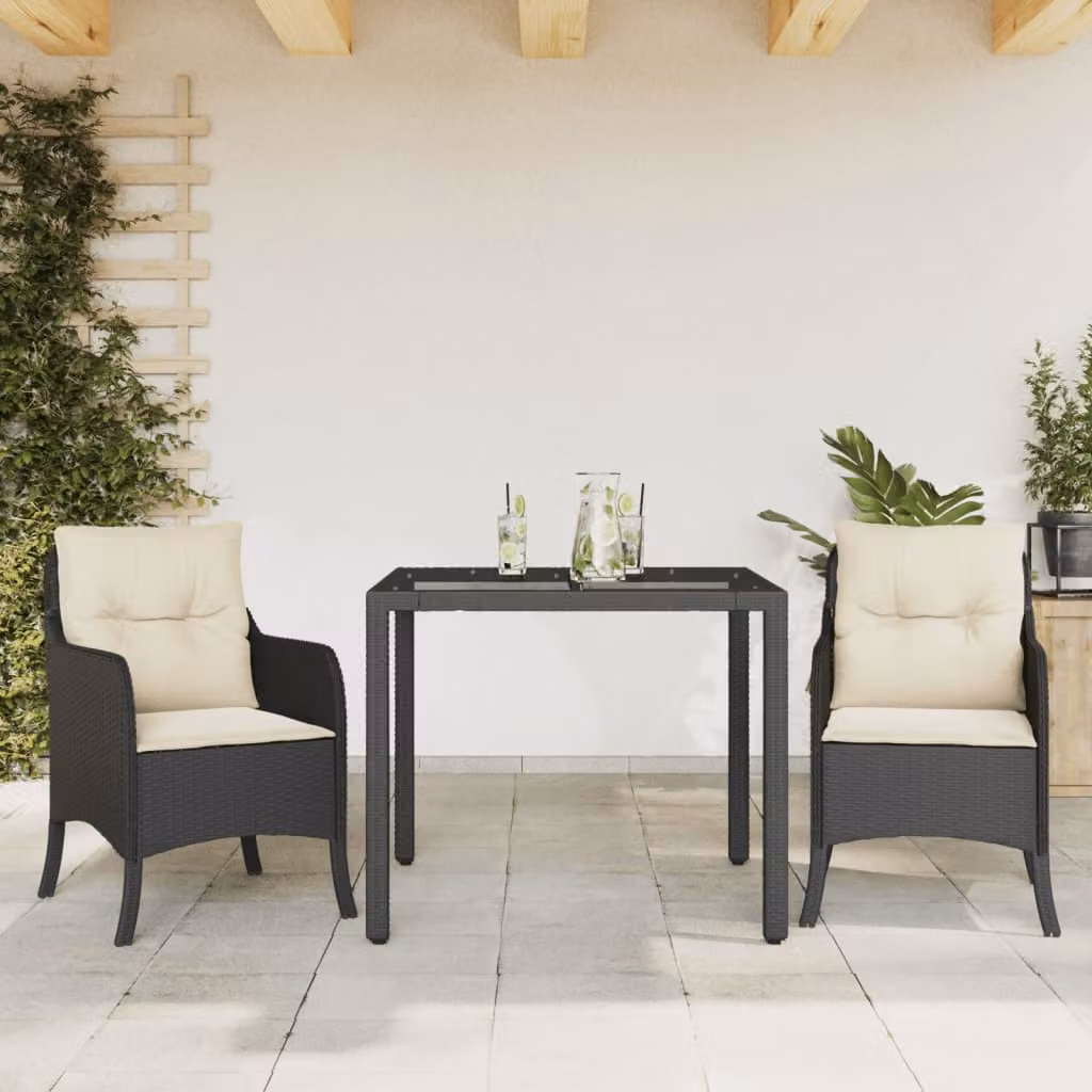 Set da Pranzo da Giardino 3 pz vidaXL in Polyrattan Nero con Cuscini e Tavolo in Vetro – 1