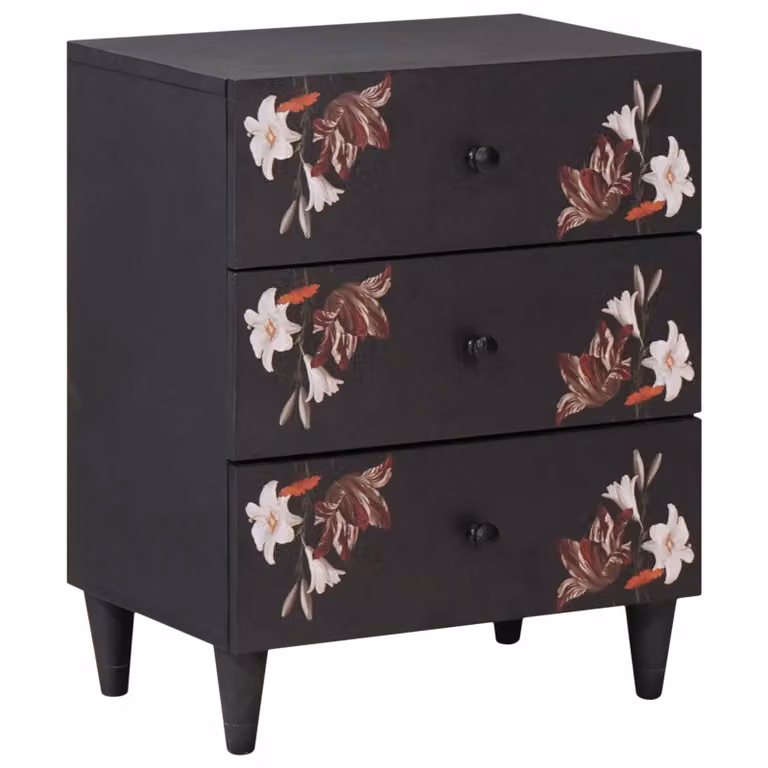 Comodino moderno vidaXL in legno di mango massello con decorazione floreale multicolore L: 50 cm, P: 33 cm, H: 60 cm