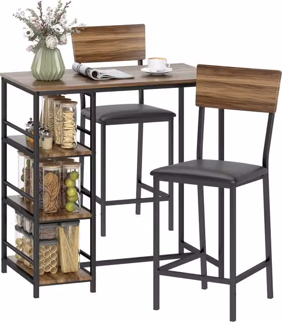 Set Tavolo da Bar Minimal con 2 Sgabelli in Legno e Acciaio, Nero e Noce