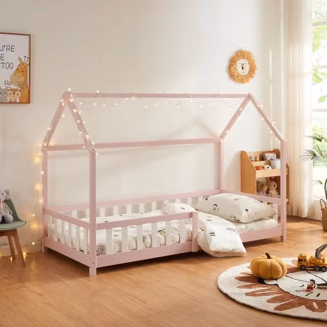 Letto Singolo Hesel en.casa a Forma di Casetta in Legno di Pino Rosa L/P/H: 200 x 90 x 143 cm