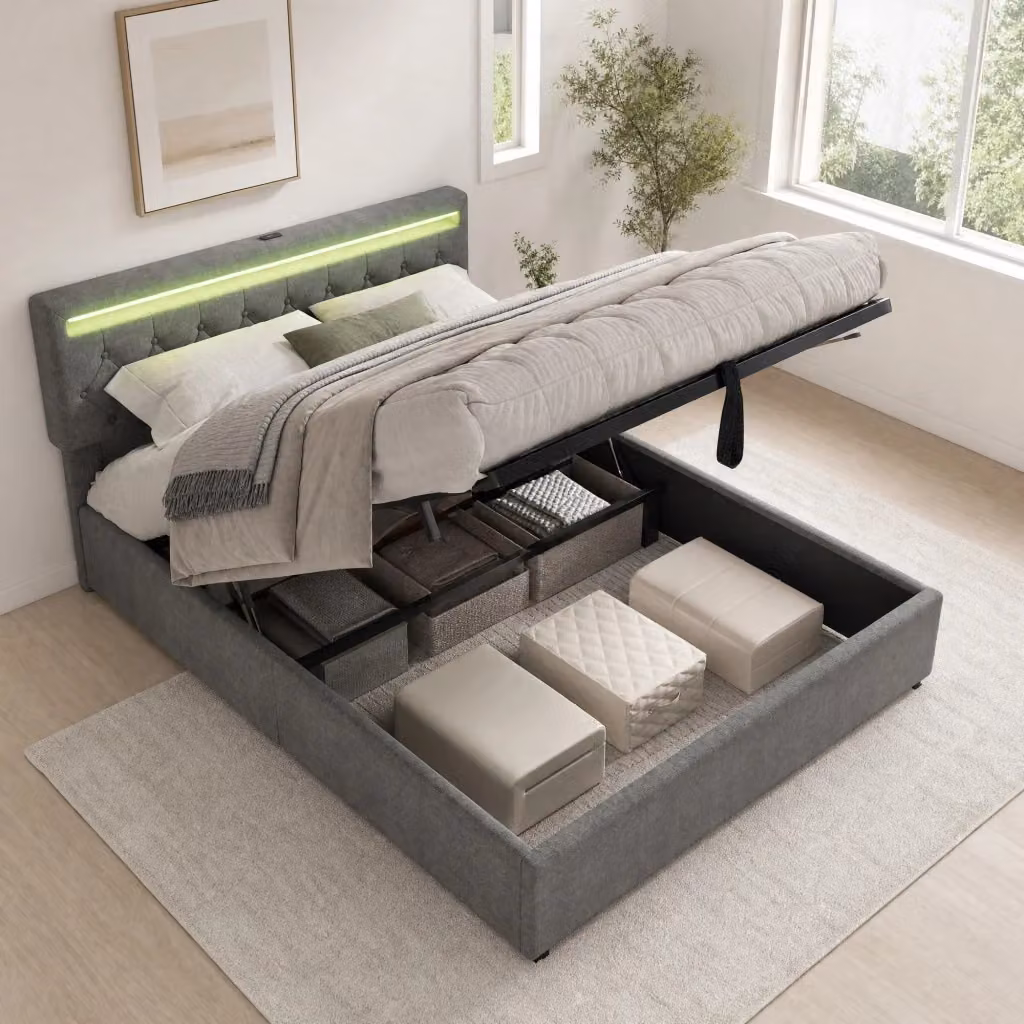 Letto contenitore Mivray imbottito in tessuto grigio con sollevamento idraulico, illuminazione LED e porte di ricarica USB, L/P: 160 x 200 cm – 2