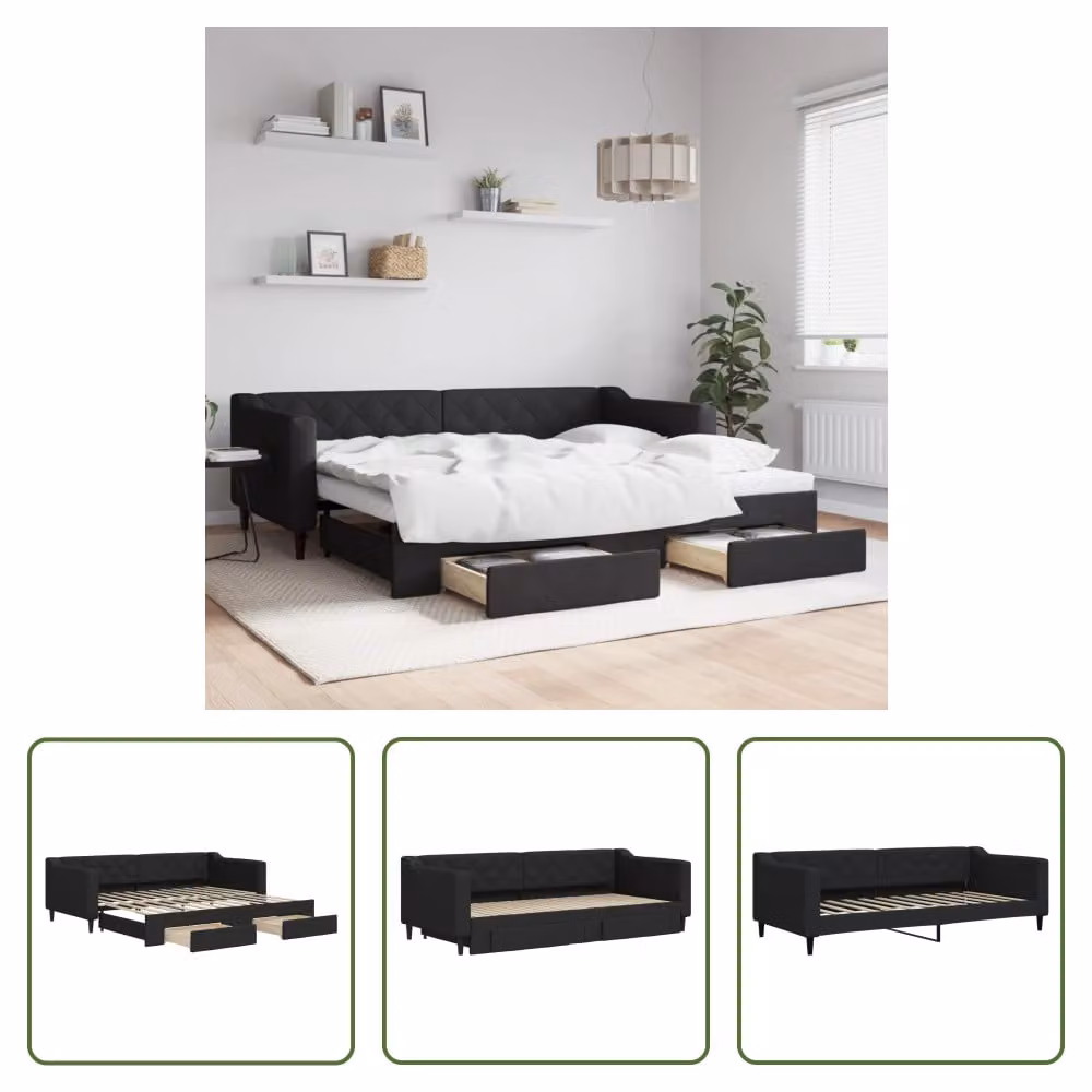 The Living Store Letto allungabile con cassetti nero 90x200 cm tessuto