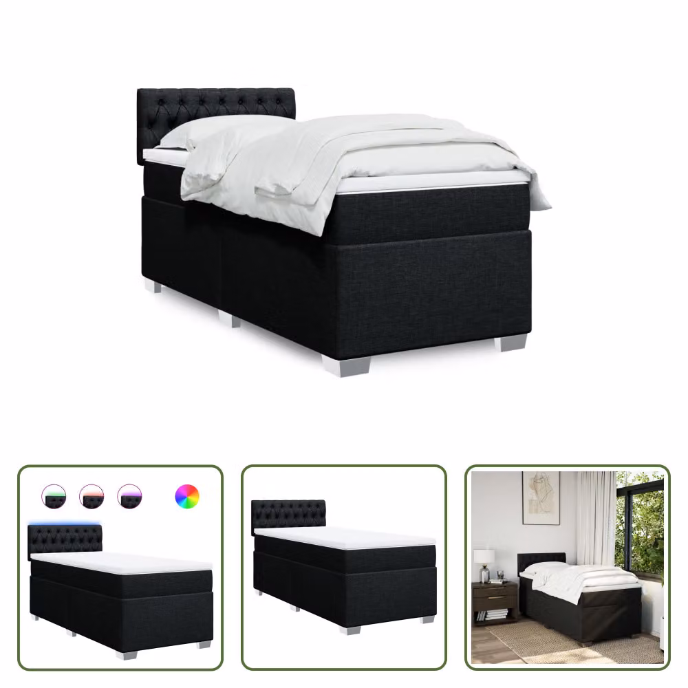 The Living Store Letto a molle con materasso nero 90x190 cm in tessuto