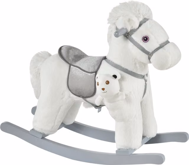 Cavallo a dondolo HOMCOM in peluche e legno bianco con suoni e orsetto incluso per bambini da 18-36 mesi, H 55 x L 65 x P 26 cm