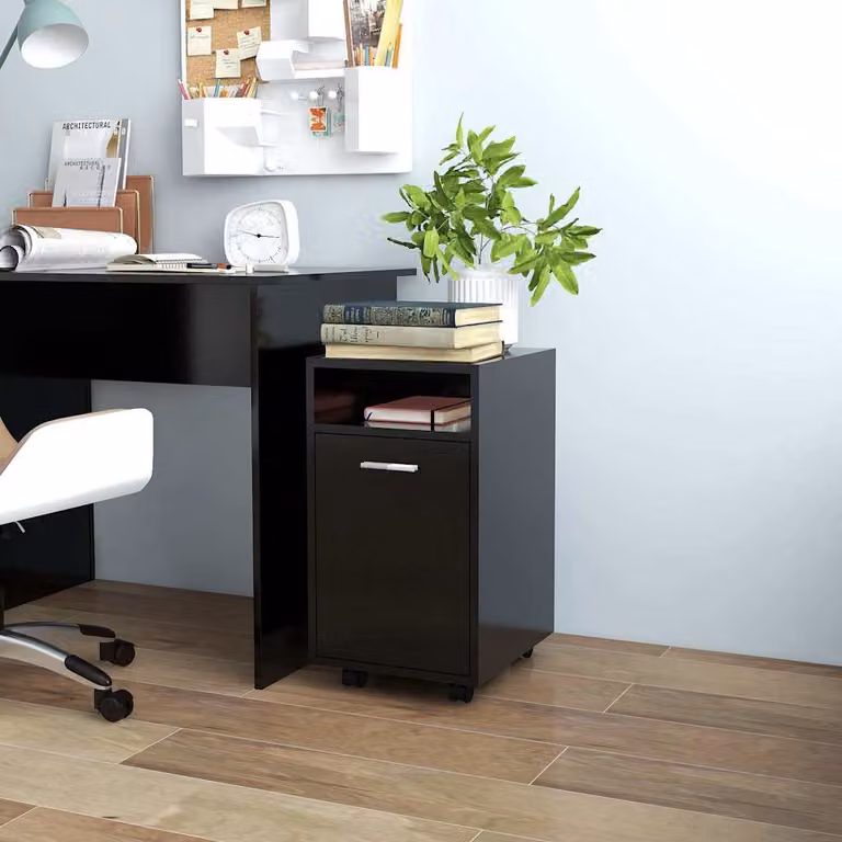 Credenza nera vidaXL con ruote e ante a battente in legno e MDF, L: 33 cm, P: 38 cm, H: 60 cm