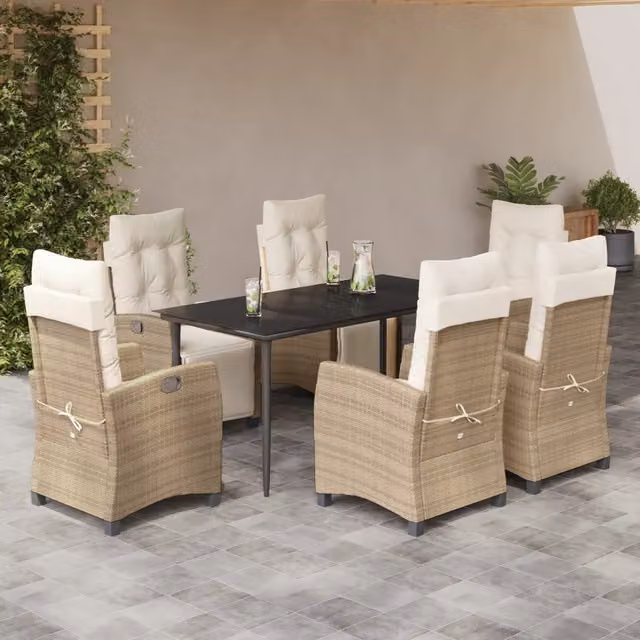 Set da pranzo da giardino VIDAXL in polyrattan con tavolo in vetro e 7 pezzi con cuscini beige – 1