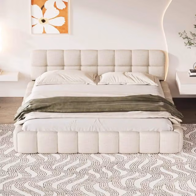 Letto Tatami Basso Imbottito in Lino con Testiera e Rete a Doghe Beige L/P: 140 x 200 cm