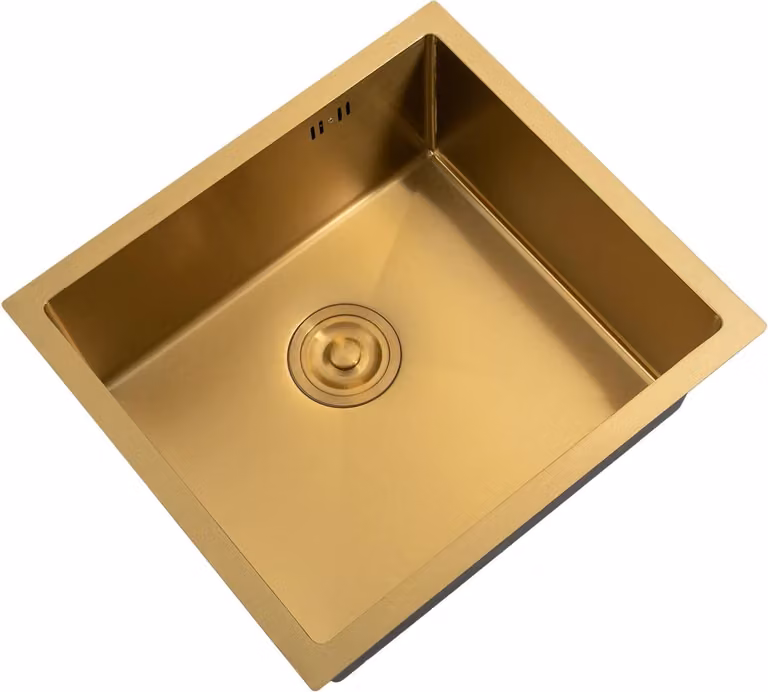 Lavello da cucina - Vasca singola - 50 x 45 cm - Profondità 20 cm - Acciaio inox - Con filtro di scarico - Con rubinetteria - 1 foro - Oro