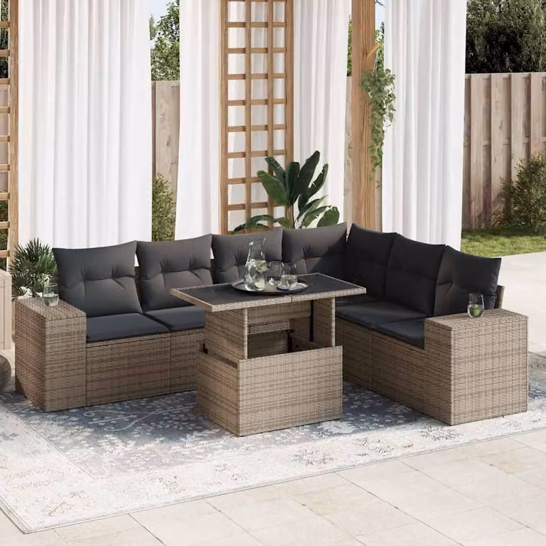 Set Divani da Giardino vidaXL 7 pz in Polyrattan Grigio con Cuscini e Tavolino da Caffè