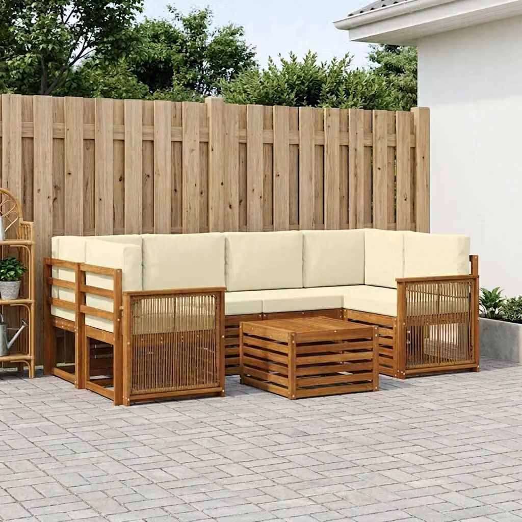 Set di divani da esterno vidaXL 7 pz in legno di acacia con tavolo da caffè, composizione a L con cuscini, colori beige, bianco e marrone