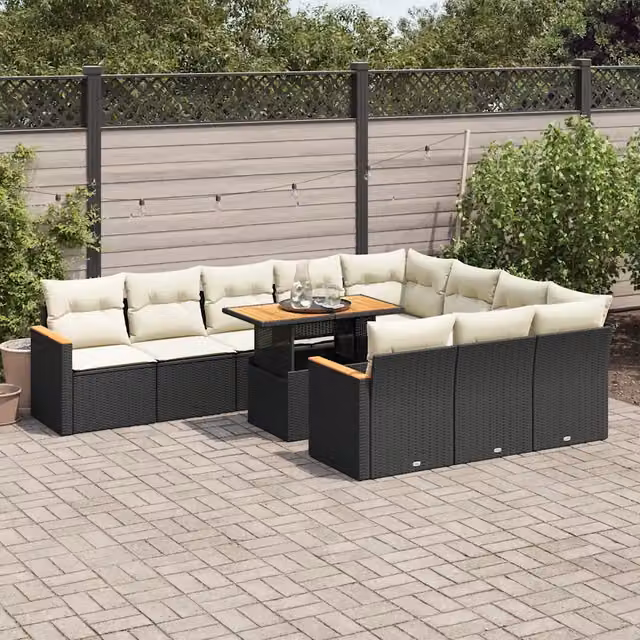Set di Divani da Giardino a L vidaXL in Polyrattan e Legno di Acacia Nero con Cuscini Bianchi e Tavolino da Esterno 11 Pezzi
