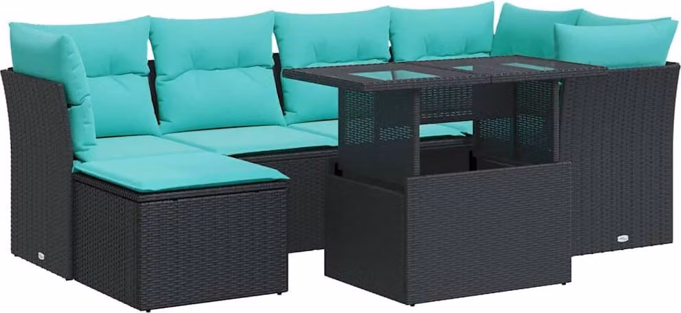 Set Divani da Giardino con Cuscini 7pz Nero Polyrattan Acacia