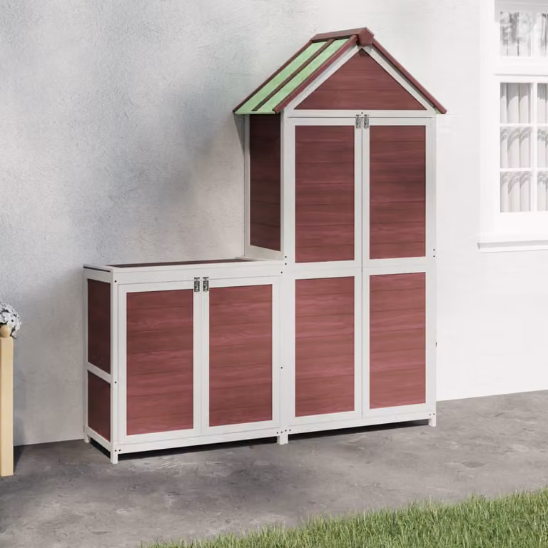 Set di 2 rimesse per attrezzi da giardino vidaXL in legno di pino massello color marrone e rosso con tetto a capanna e stile rustico