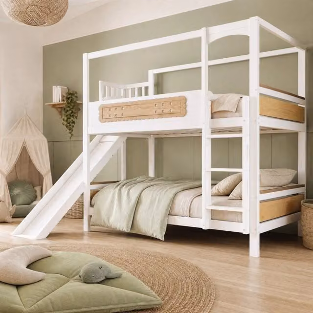Letto a castello 90x200 cm bianco e naturale, struttura in legno con scivolo