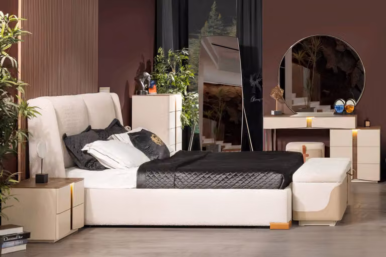 Luxuriöses Schlafzimmer-Set Designer Bett Schminktisch Hocker Bank