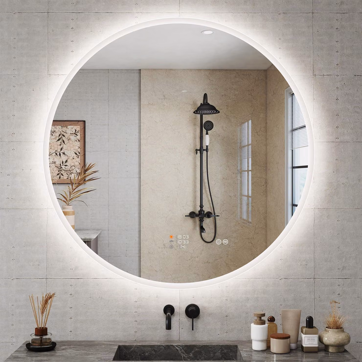 Specchio da bagno rotondo da 80 cm con illuminazione, orologio e Bluetooth