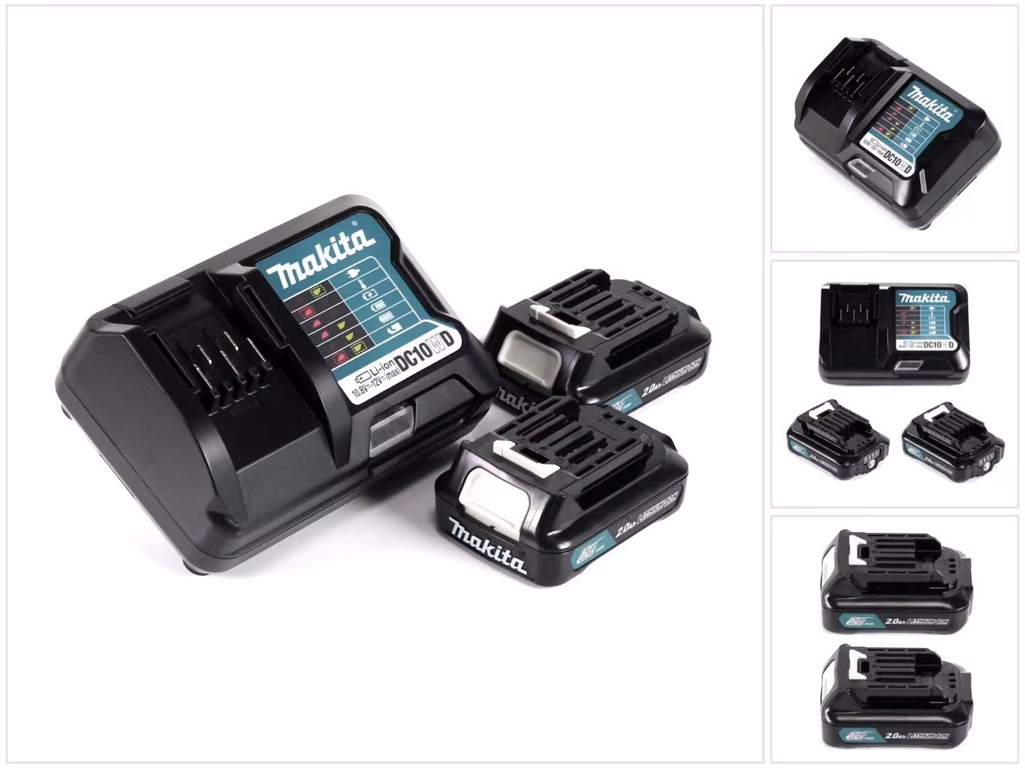 Kit alimentatore Makita 12 V con 2 batterie BL1021B da 2,0 Ah + caricabatterie DC10WD
