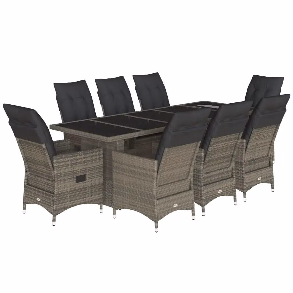 Set Bistrò da Giardino vidaXL in Polyrattan Grigio con Cuscini e Tavolo in Vetro, 9 Pezzi – 2