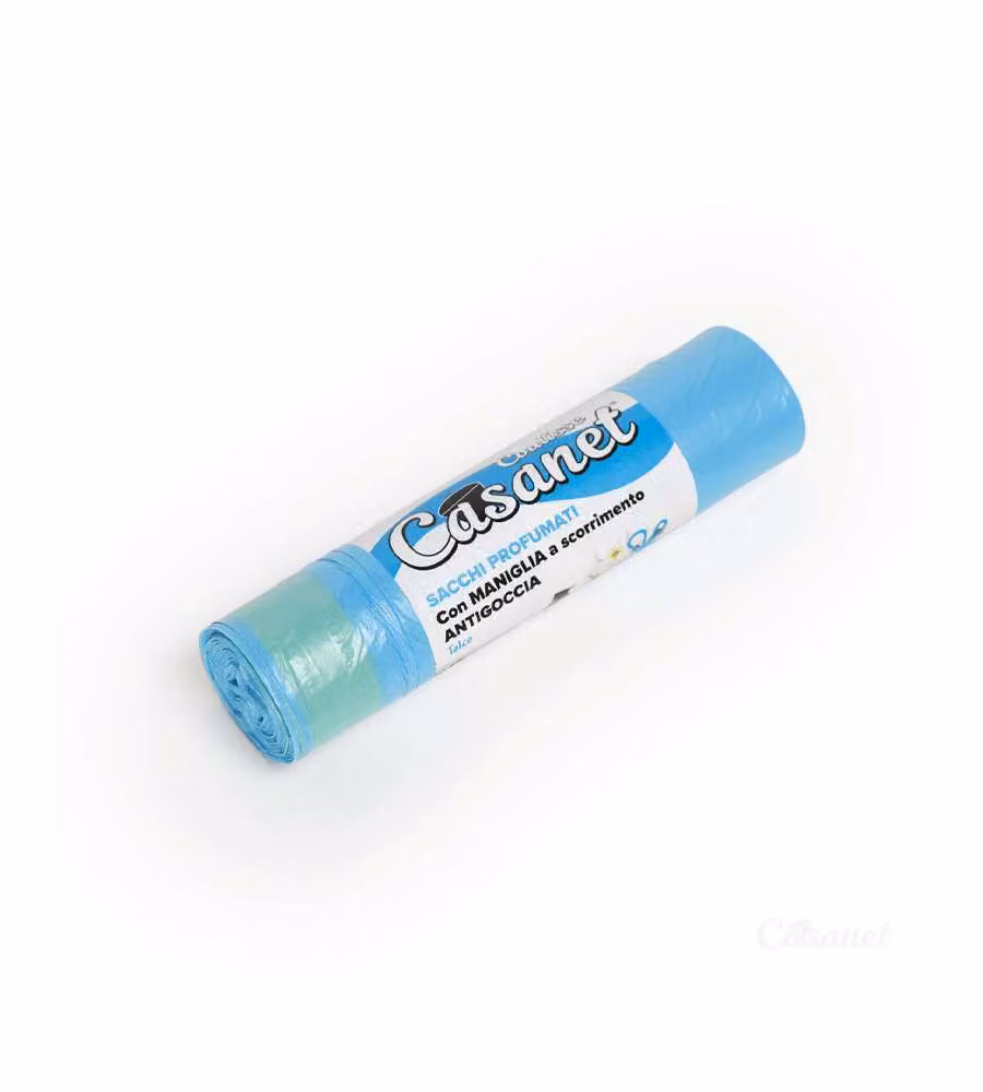 15 sacchi per la spazzatura azzurri con maniglia e profumo Talco 55 x 65 cm
