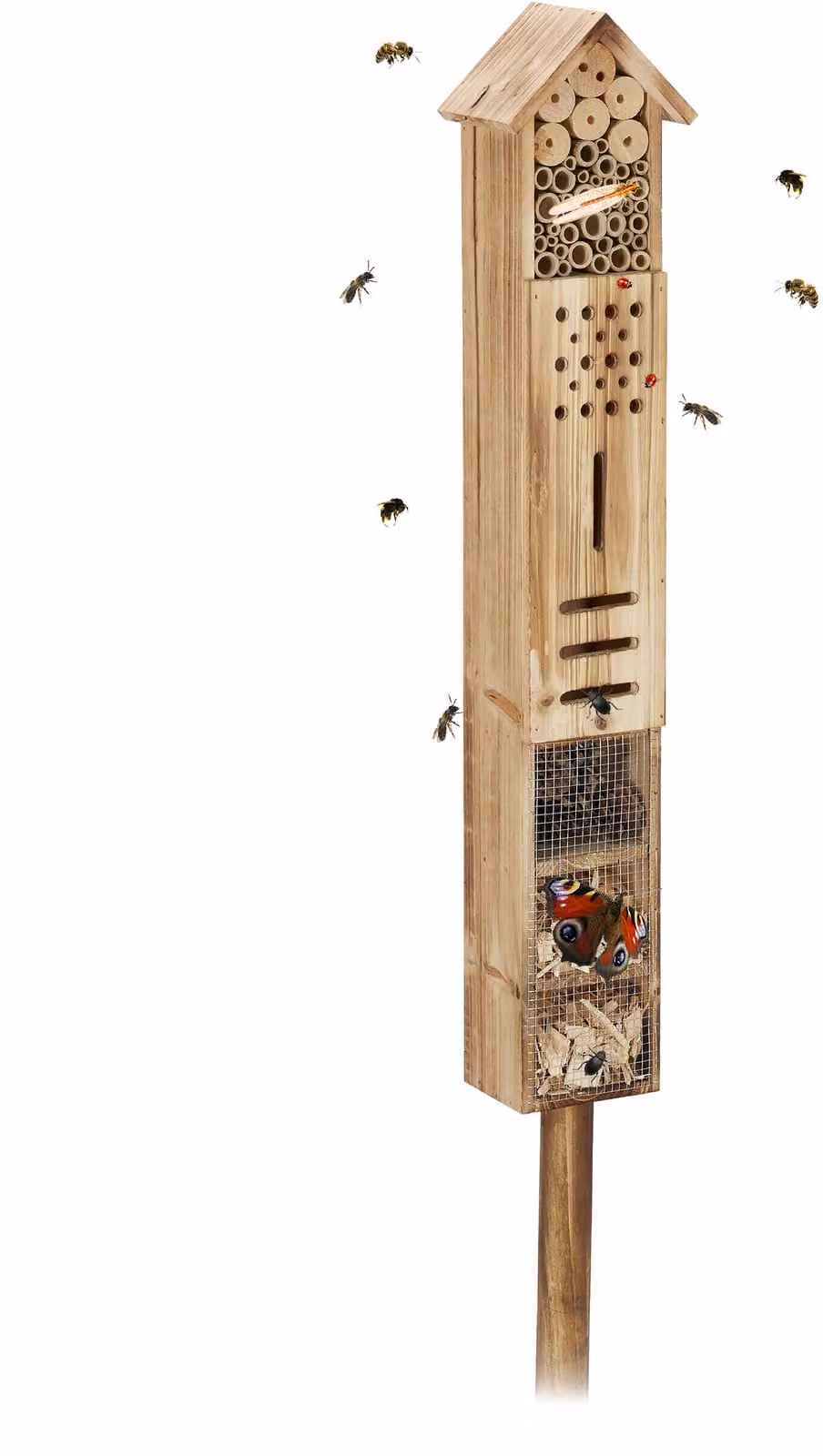 Relaxdays Alberghetto per insetti con supporto, in legno, casetta per insetti da giardino, A x L x P: 150 x 15,5 x 11 cm, alberghetto per farfalle, naturale