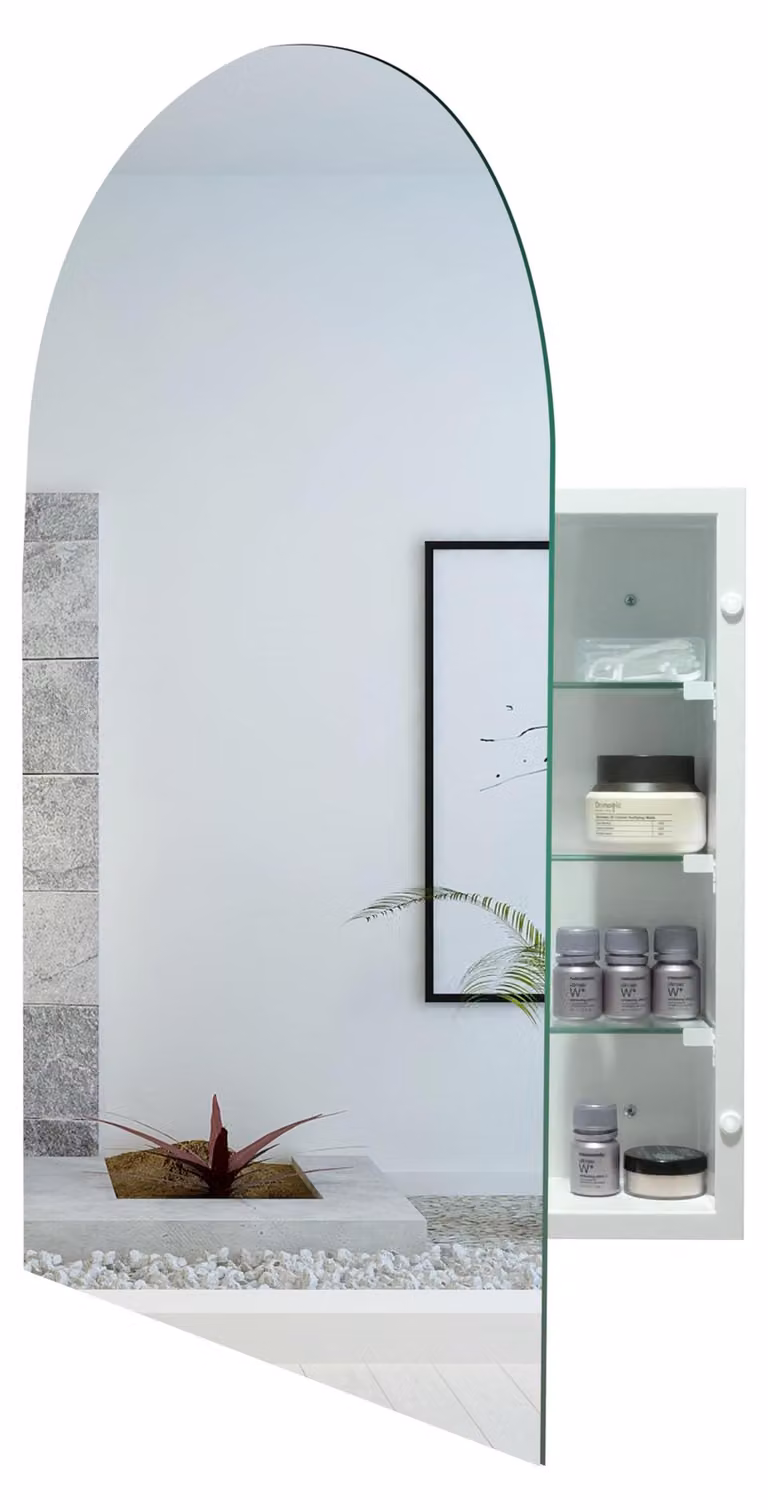 Specchio da bagno con cornice a arco, 76x50 cm, bianco, metallo, da montare a parete