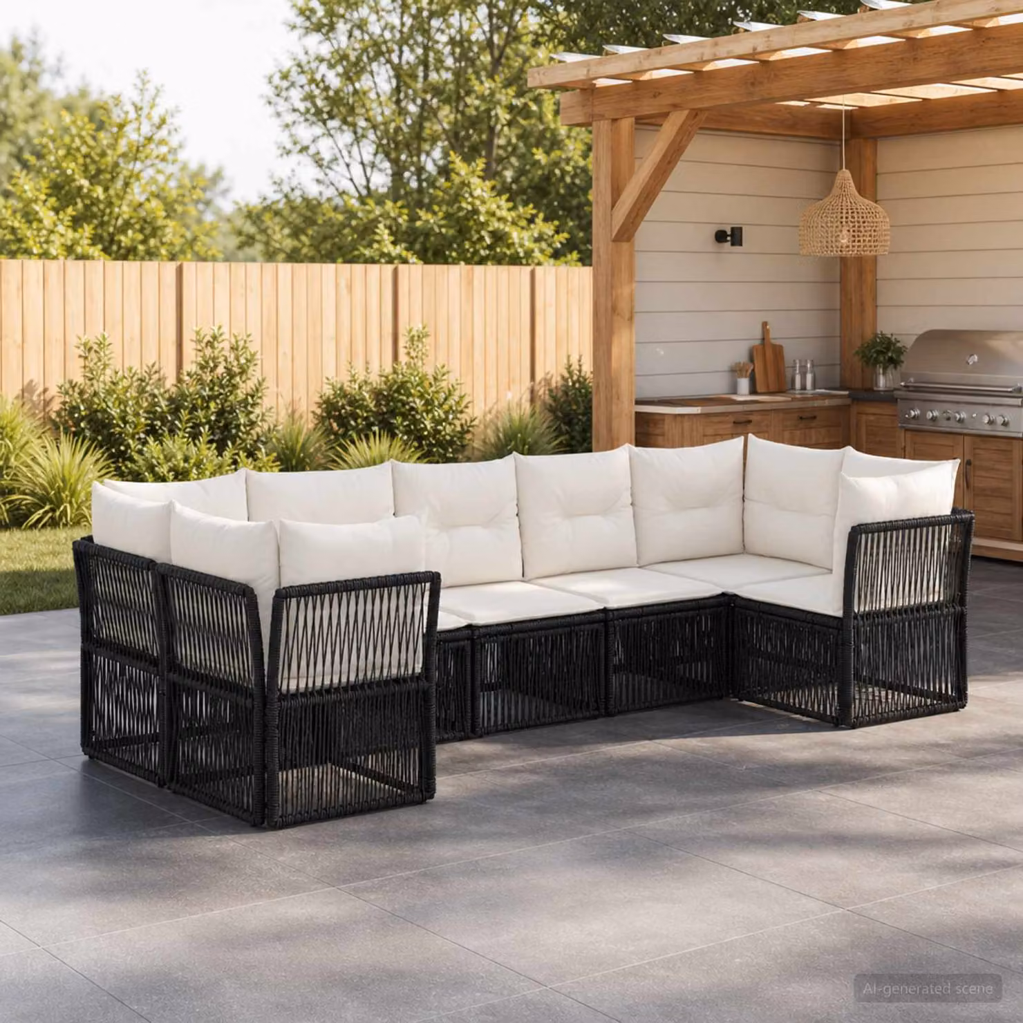 Set Divano da Giardino vidaXL 7 posti in Polyrattan Nero con Cuscini e Struttura in Acciaio