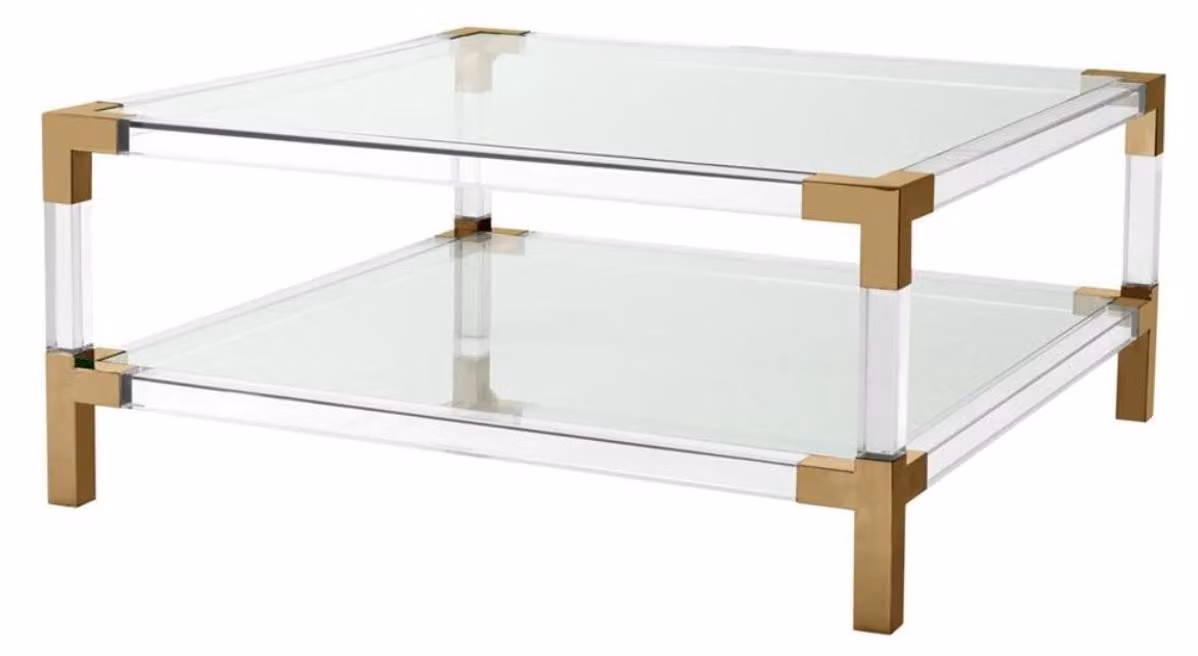 Tavolino da caffè "Casa Padrino" in stile lussuoso, con struttura in ottone e piano in vetro trasparente, dimensioni 100 x 100 x 45 cm. Arredamento per soggiorno