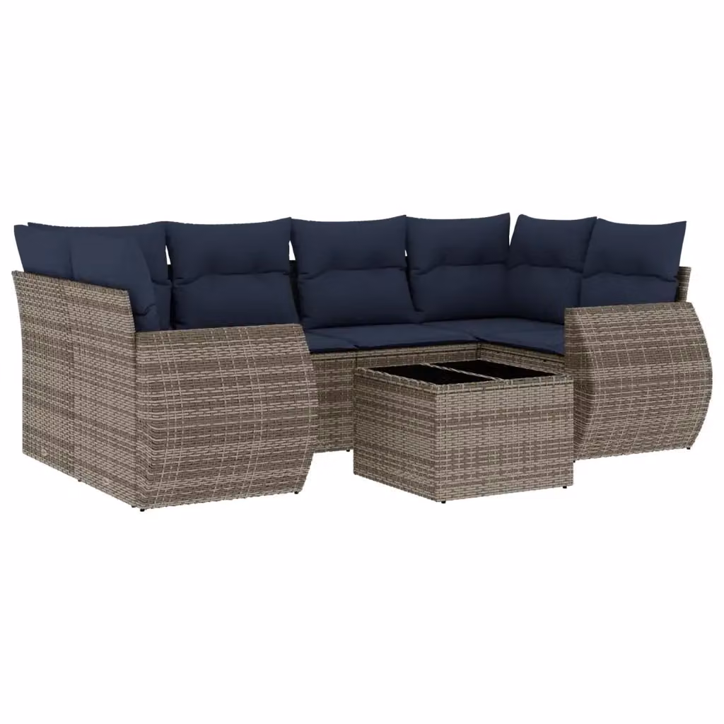 Set da giardino componibile a L vidaXL in polyrattan con 7 pezzi, tavolo da caffè e cuscini grigi e blu con coperture rimovibili – 2
