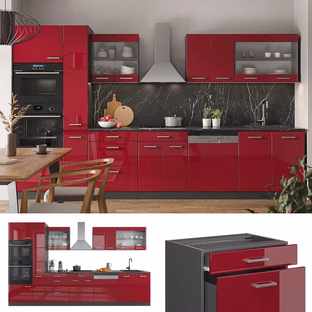 Cucina componibile moderna Vicco R-Line Rosso lucido e Antracite con armadio alto, L: 350 cm – 2