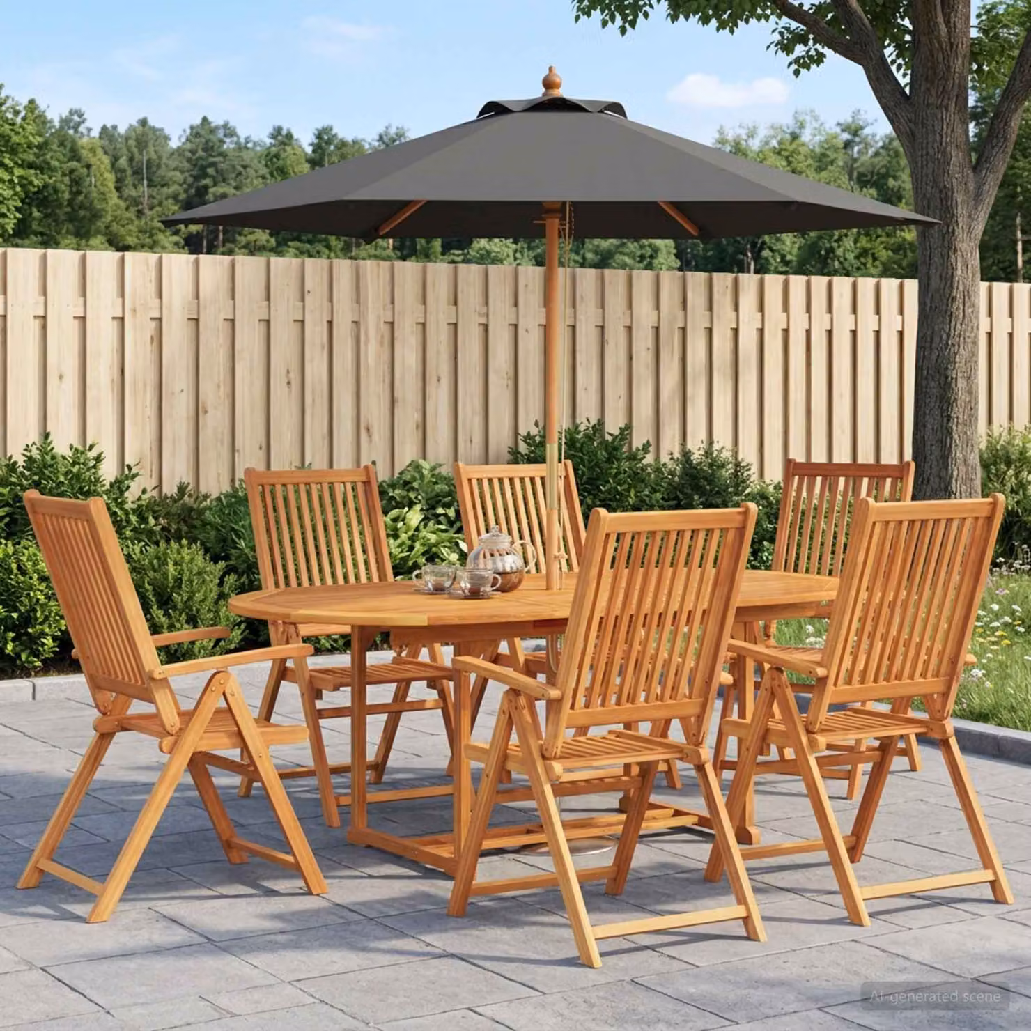 Set da pranzo da esterno vidaXL in legno di acacia con ombrellone, 8 pezzi per 6 persone, colore marrone e antracite