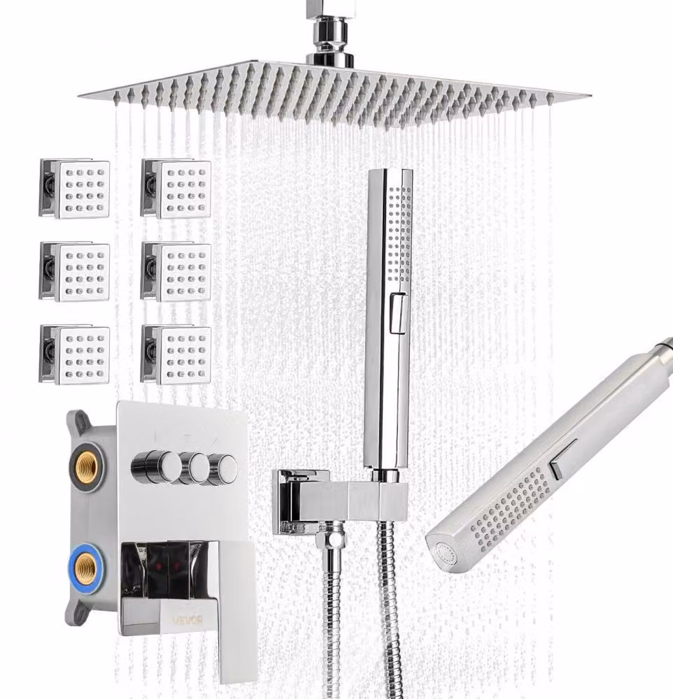 Set doccia a soffione da 10 pollici con getto pioggia - 6 getti corpo - Doccia a mano 2-in-1 - Acciaio inossidabile e ottone