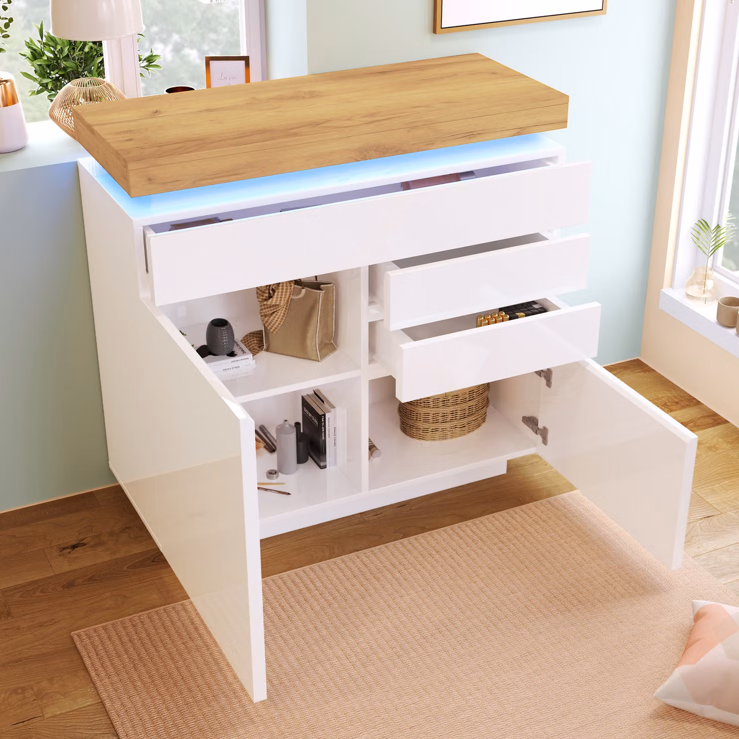 Flieks credenza a cassetti con LED, mobile da soggiorno con 3 cassetti e 2 ante, cassettiera con ripiano regolabile, bianco