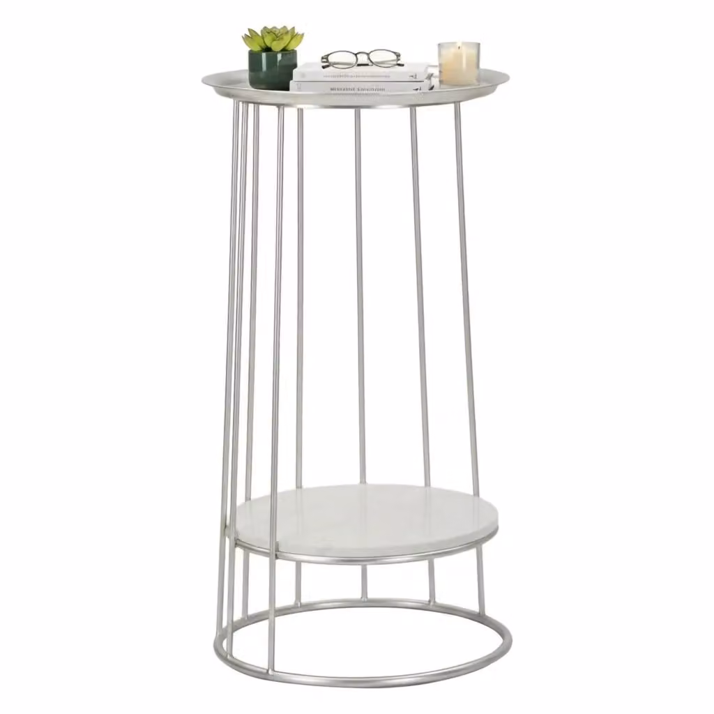 Tavolino da salotto moderno DMORA con piano in marmo e struttura in metallo argento, L/P/H: 40 x 40 x 76 cm – 2