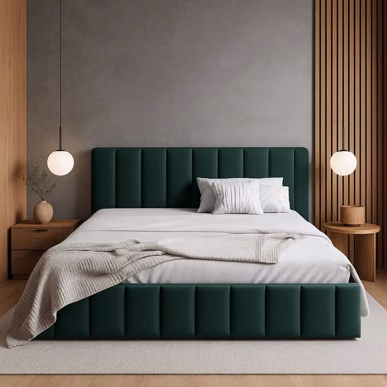GUTTO Letto imbottito 140 x 200 cm Letto imbottito in velluto verde con contenitore e rete a doghe metalliche Il vostro nuovo design