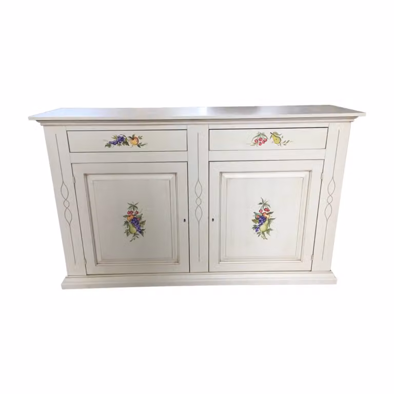 Credenza Mobili 2G in legno bianco invecchiato con decori floreali L: 177 cm, P: 48 cm, H: 110 cm
