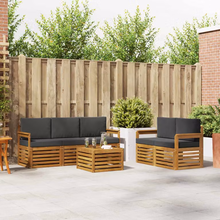Set di divani da esterno vidaXL a forma di L in legno di acacia con tavolino e cuscini, colore beige e antracite