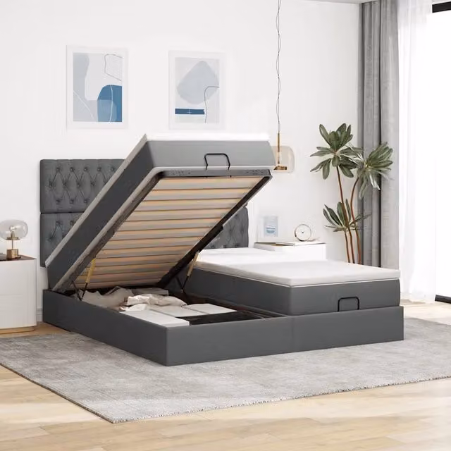 Letto moderno vidaXL con contenitore a sollevamento, base con luci sottobasso e porta USB, rivestimento in tessuto grigio e bianco, L/P/H: 180 x 203 x 128 cm