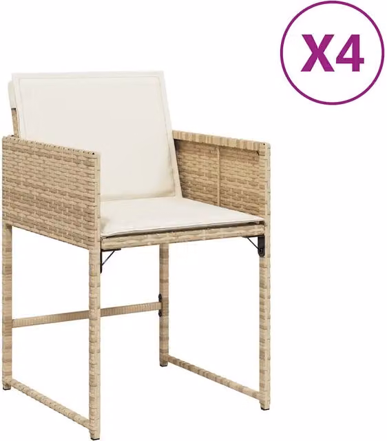 Set di 4 sedie da giardino in polyrattan con cuscini beige e bianco per esterni