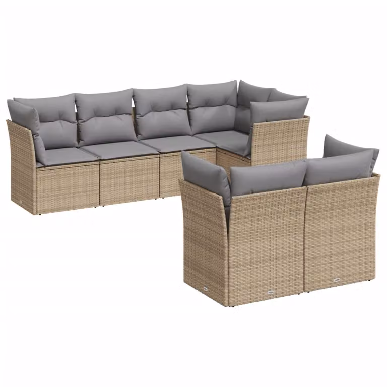 Set Divani da Giardino 7 pz con Cuscini Beige in Polyrattan