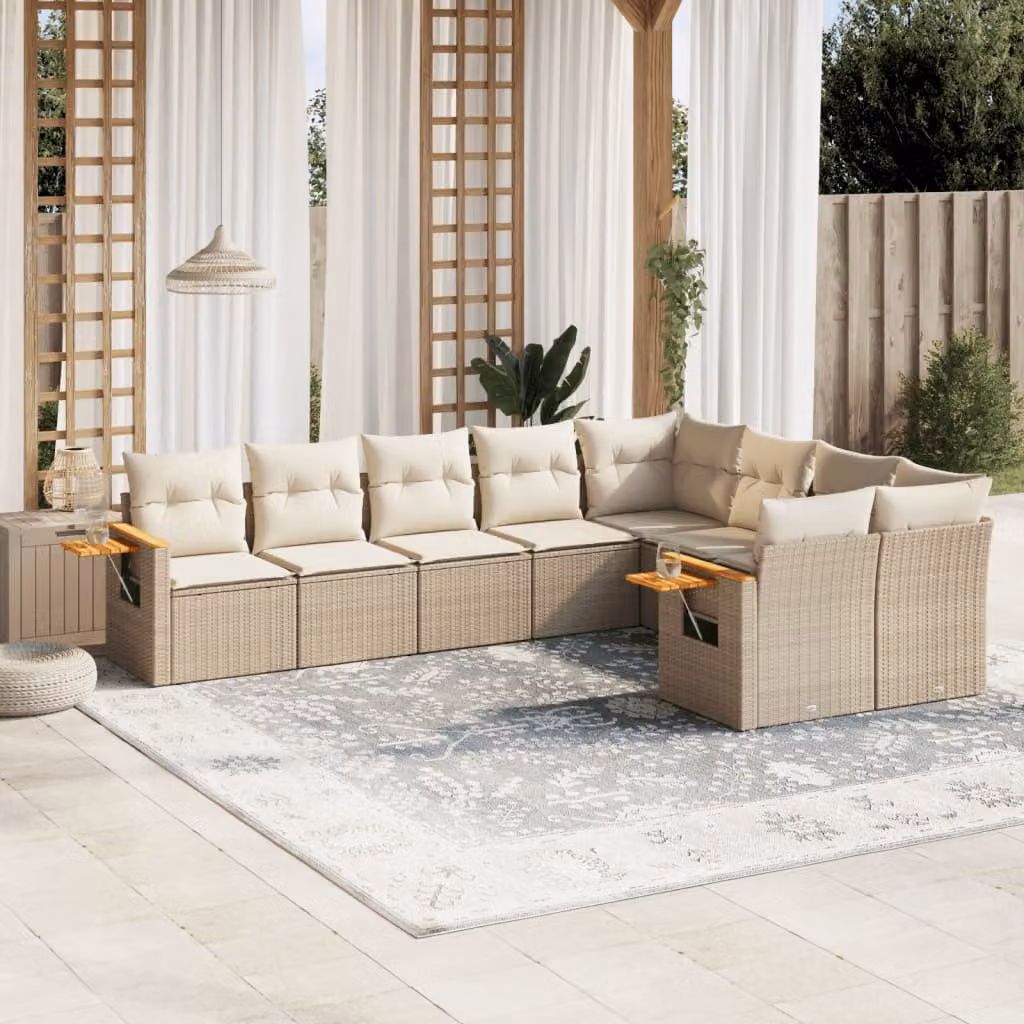 vidaXL Set Divano da Giardino a L 9 pz in Polyrattan con Cuscini Beige e Tavolino da Esterno – 1