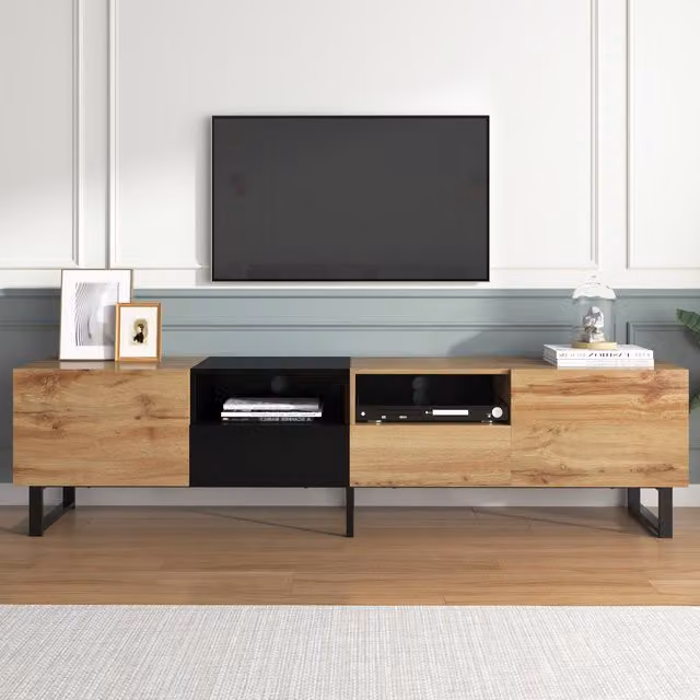 Mobile TV Moderno Aosom con Ripiani Media, Nero e Legno, L: 190 cm, P: 38 cm, H: 48 cm – 1