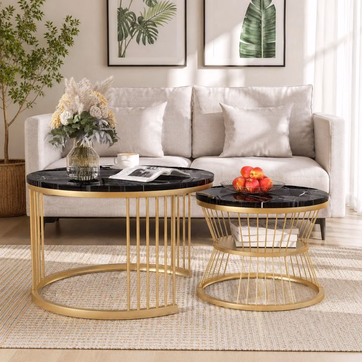 INONEFT, set da 2 tavolini da caffè rotondi, design moderno, con spazio aperto per riporre oggetti, tavolini laterali per soggiorno o camera da letto, colore nero