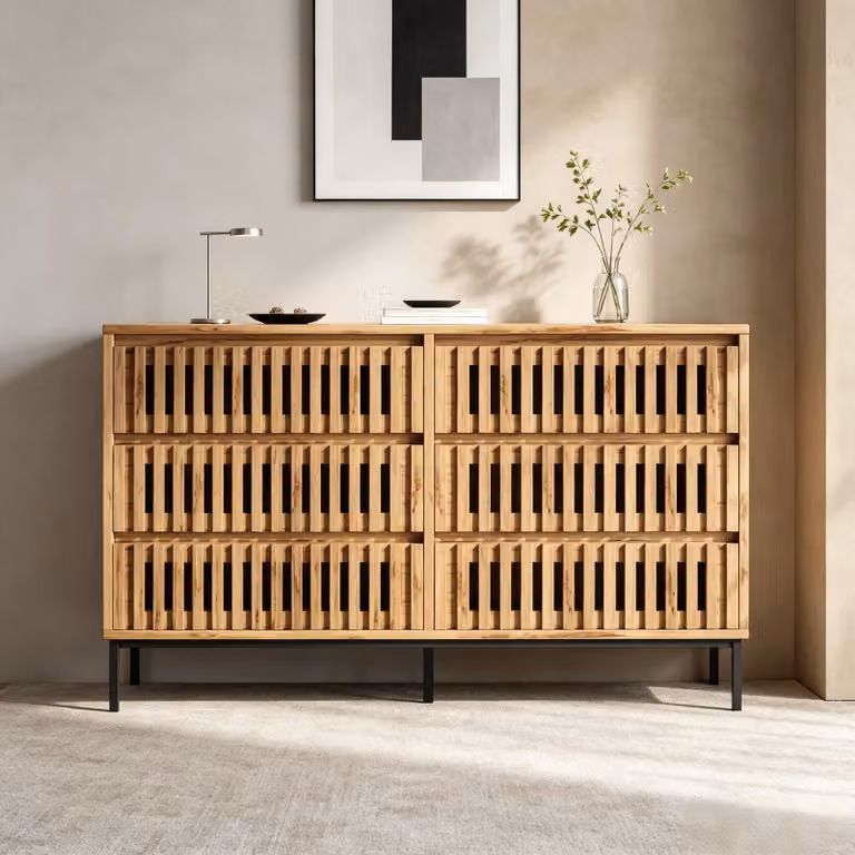 Mobile contenitore con 6 cassetti, dimensioni 120x40x81 cm, realizzato in MDF e pannelli di legno, con design a griglia e finitura in legno, ideale per soggiorno, camera da letto e ingresso