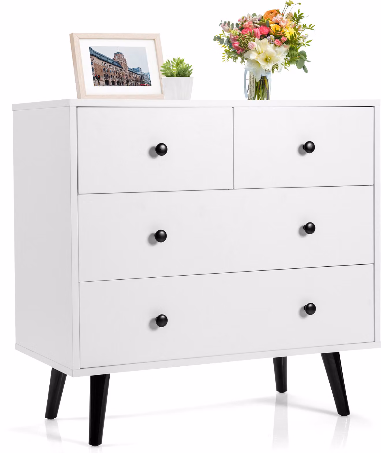 Cassettiera COSTWAY con 4 cassetti, moderna cassettiera in legno con protezione antiribaltamento, pratico organizer bianco